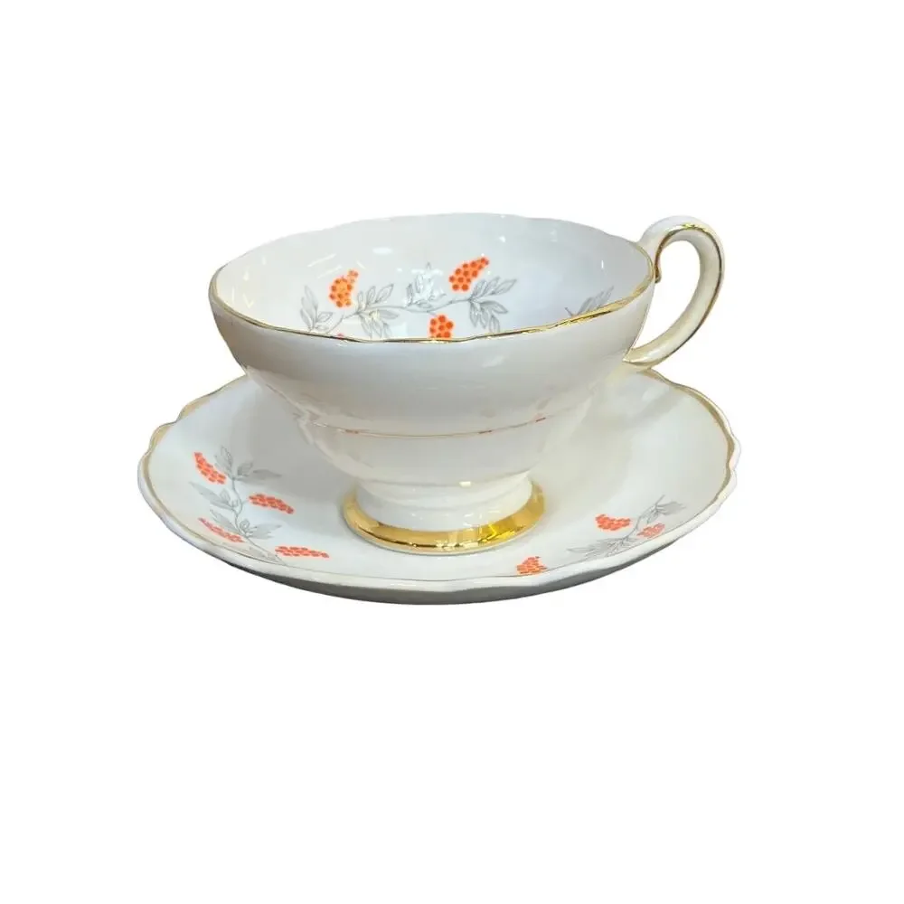 Vintage Staffordshire Bone China Cup and Saucer Orange Berries/Grapes Gold Rim